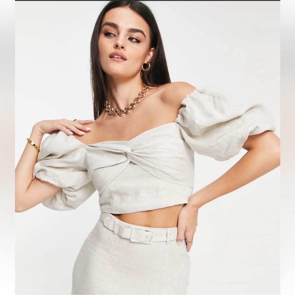 & other stories linen puff sleeve crop top twist front cream